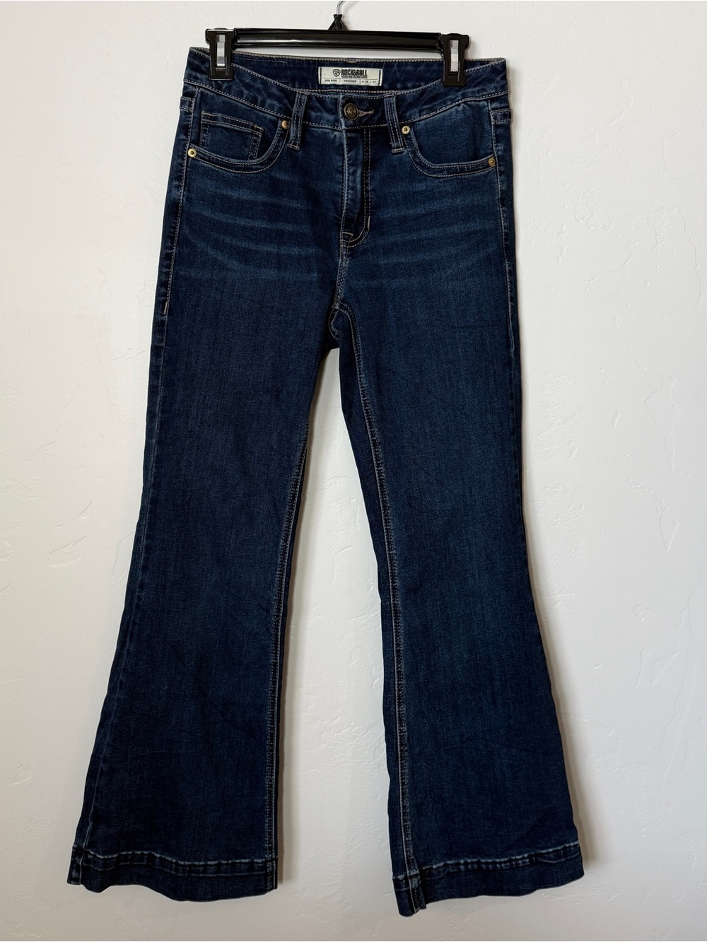 Rock & Roll Denim Mid Rise Trouser Jeans Dark Wash Flare Stretch Boho 28x32